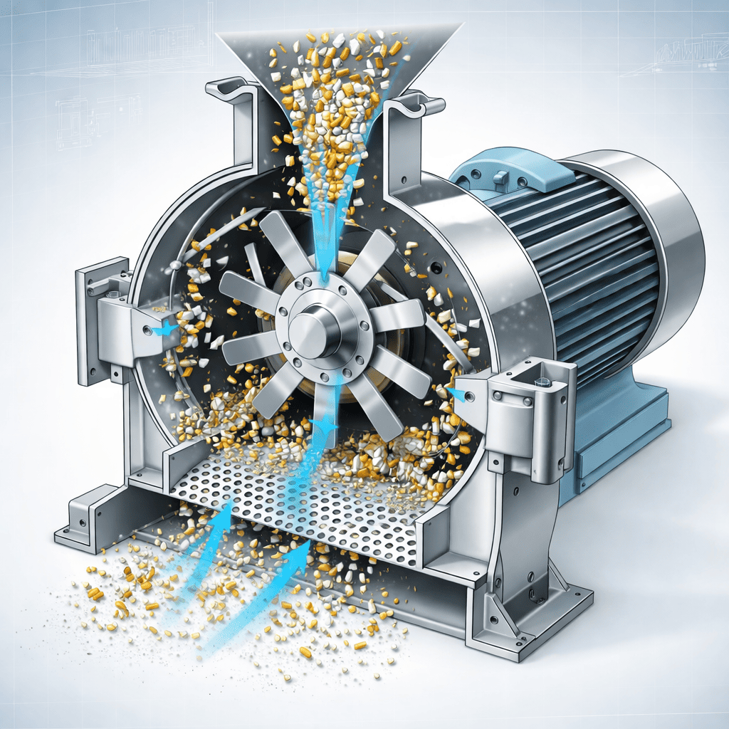 Illustration of material entering a hammer mill grinding chamber and passing through a screen