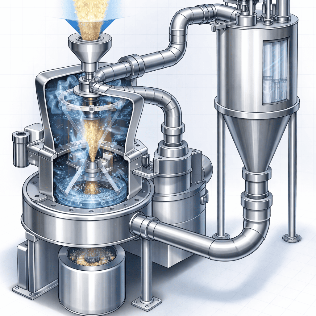 Air Classifier Mill working principle diagram showing grinding chamber, classifier wheel, and dust collection