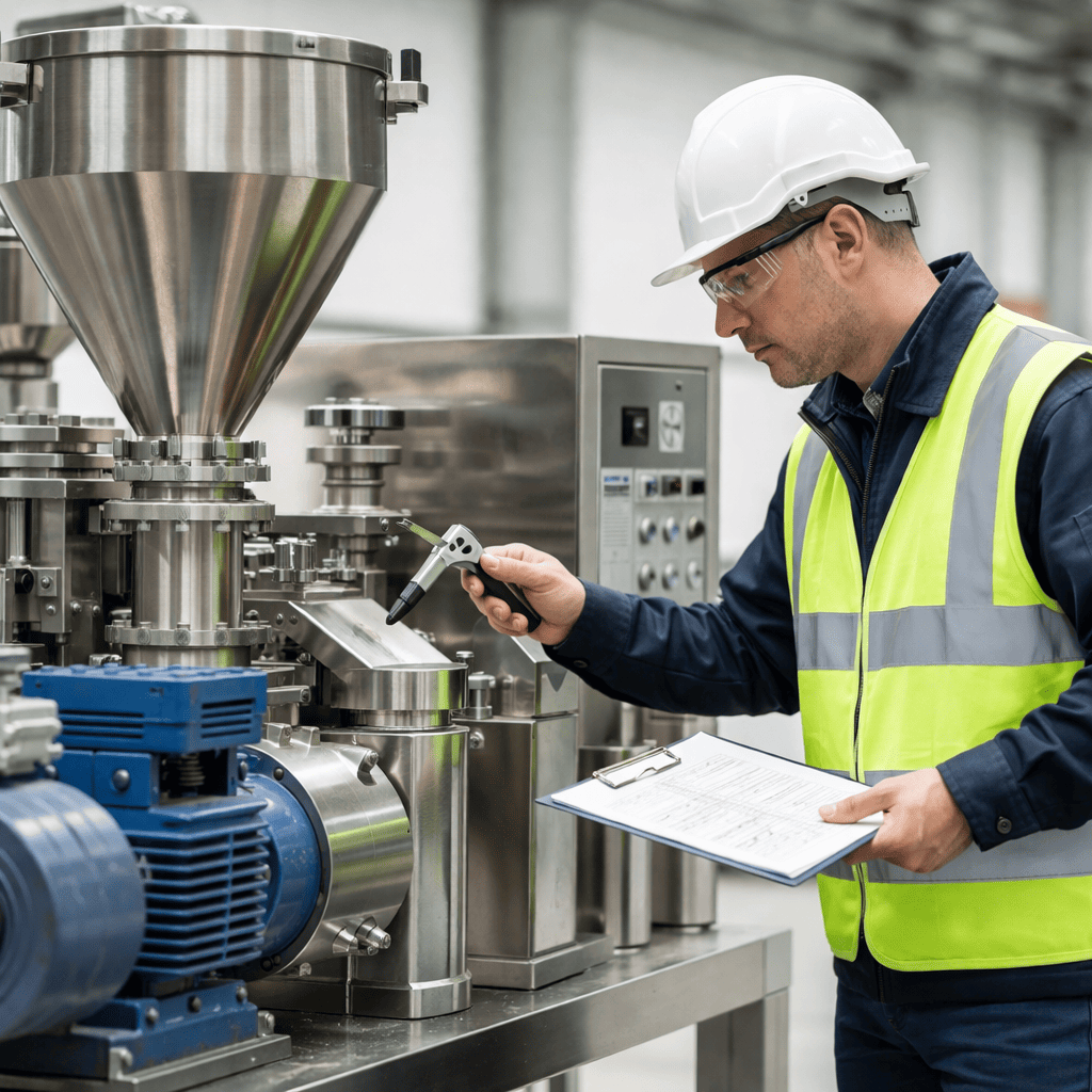 Engineer inspecting powder processing equipment before shipment