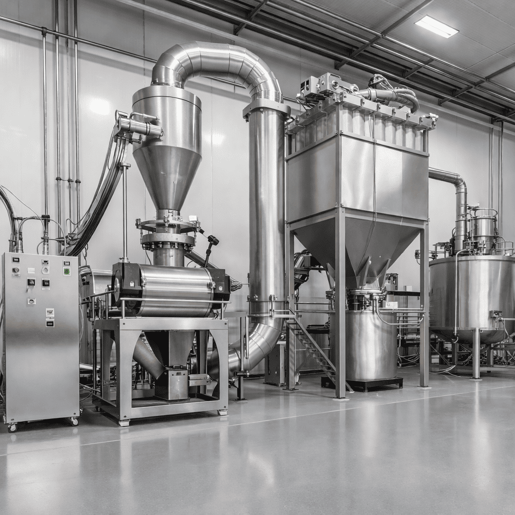Chemical powder processing system with dust collection and sealed conveying