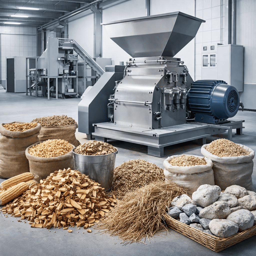 Agricultural products and minerals for preliminary hammer mill grinding