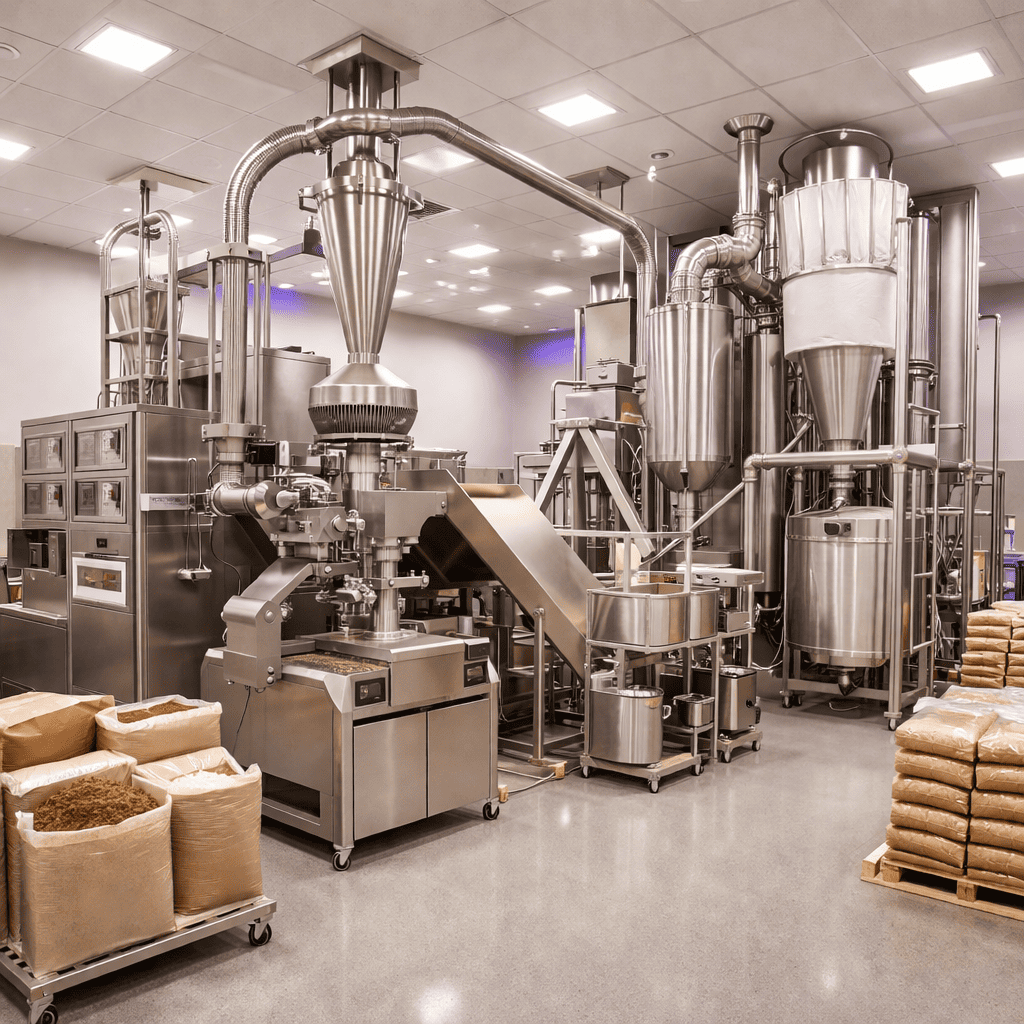 Food ingredient powder processing line with modular grinding and mixing system