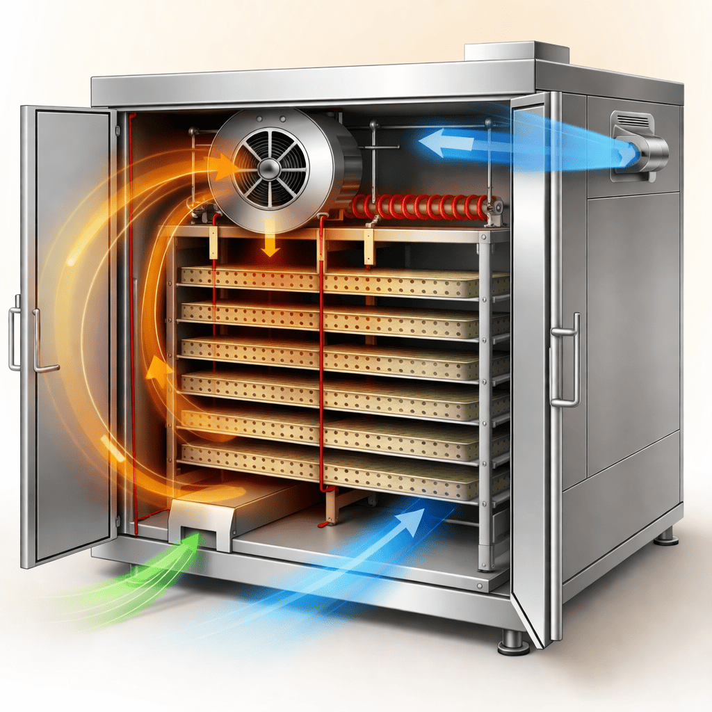 Tray dryer working principle diagram showing hot air circulation
