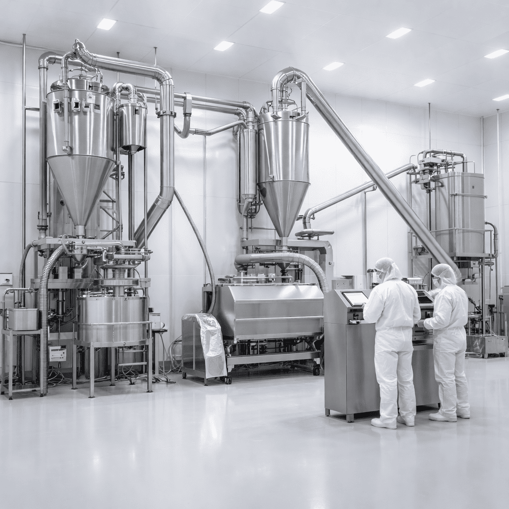 Sanitary stainless steel powder processing system for dairy products