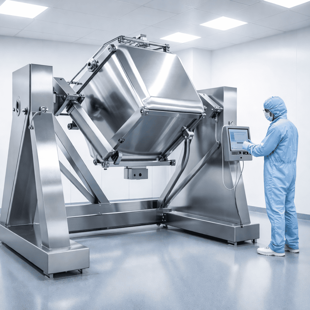 Three-dimensional blender for pharmaceutical powder mixing