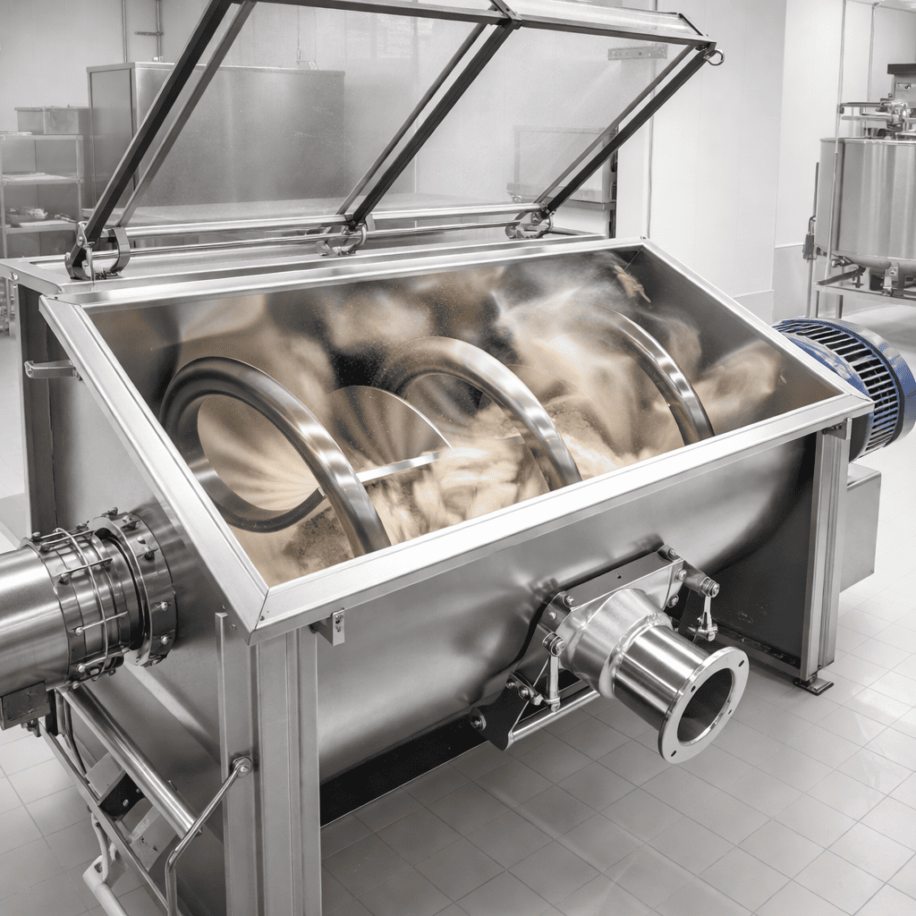 Sanitary ribbon blender for nutritional powder mixing
