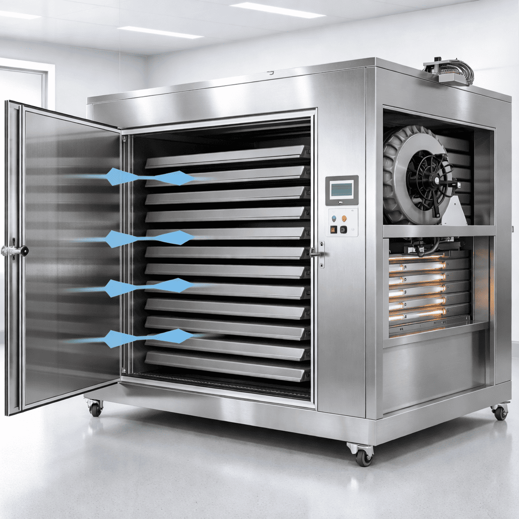 Cross-flow tray dryer with horizontal air circulation