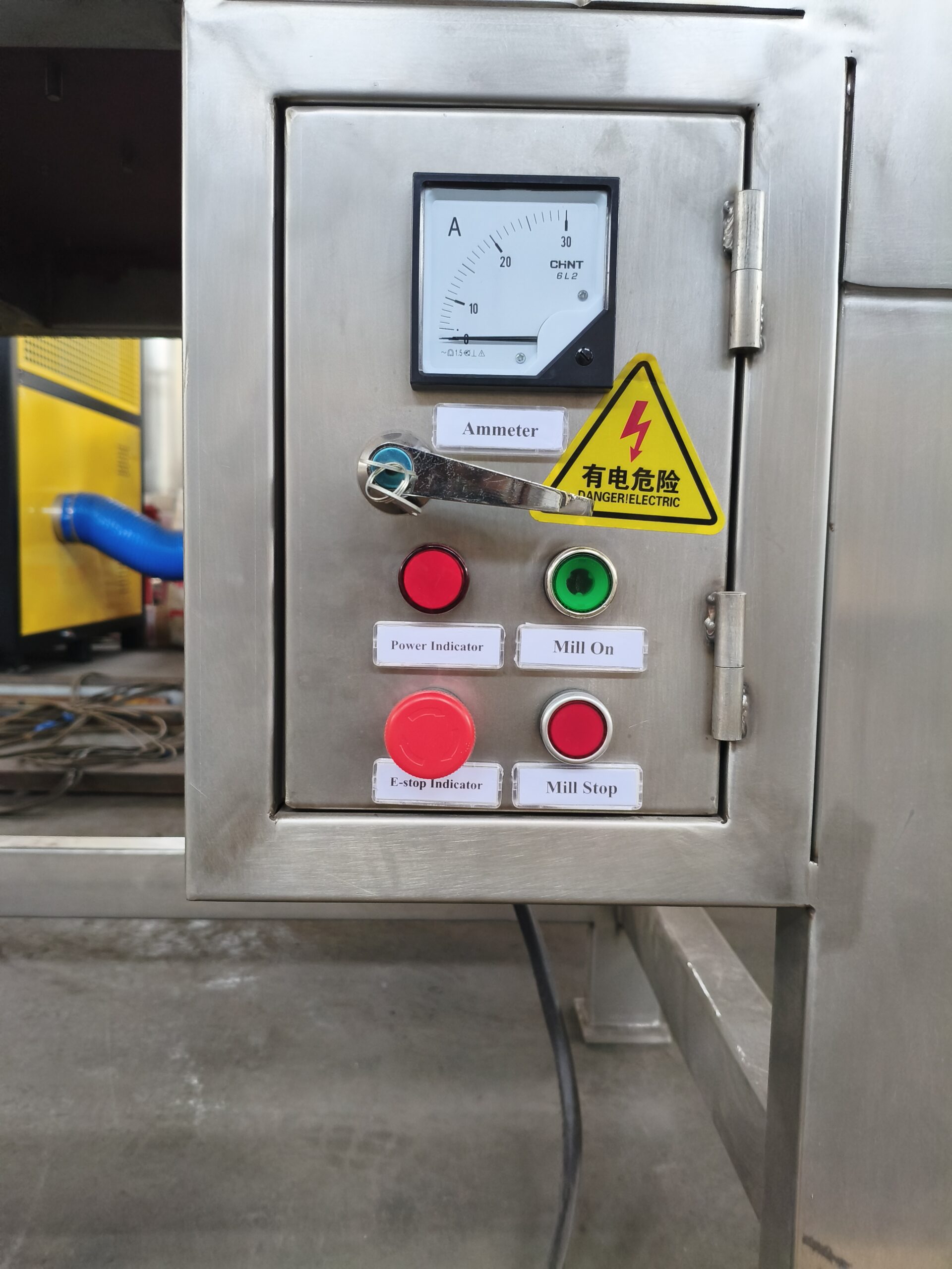 YDWS pin mill stainless-steel control panel with ammeter, start, stop and emergency controls
