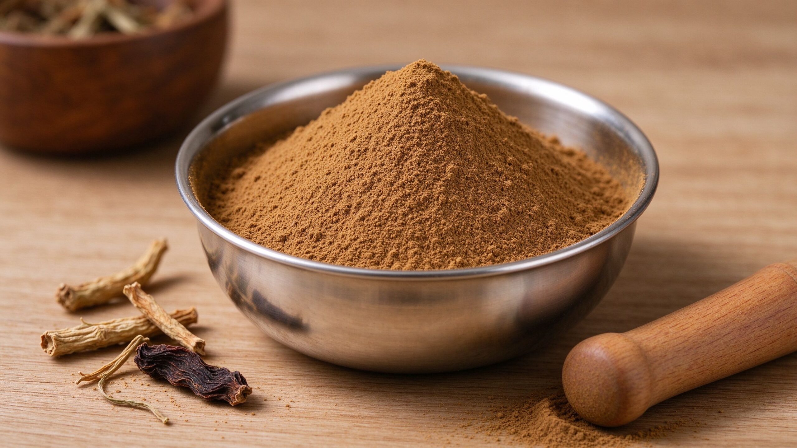 Fine Ayurvedic herbal powder prepared from dried botanical materials