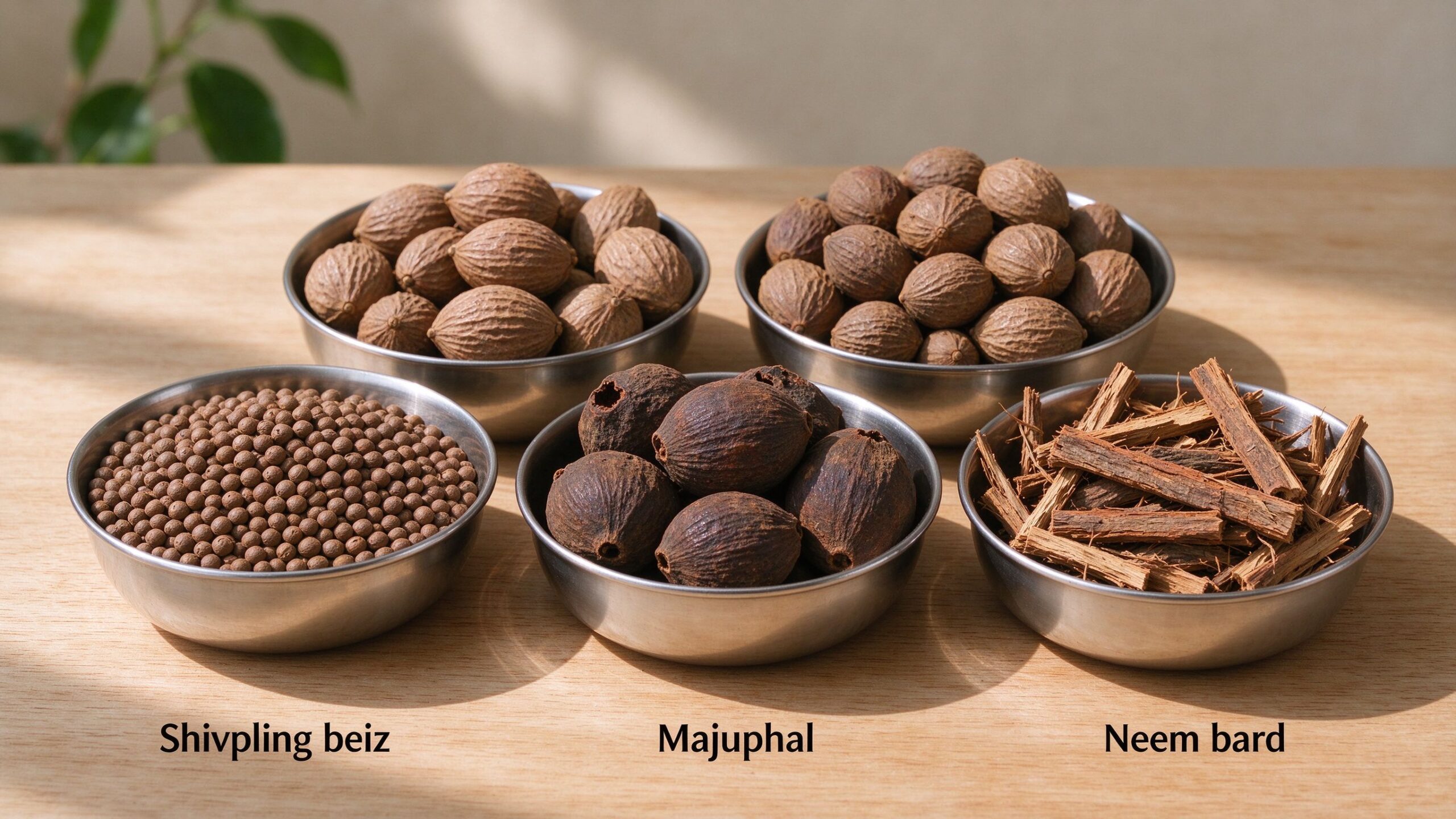 Shivling beej, Putrajeevak, Majuphal, and Neem bark raw materials