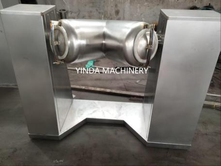 Stainless steel powder mixer with horizontal cylindrical container between support columns