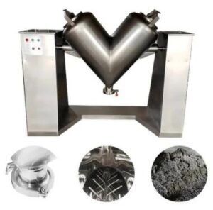 YINDA YDV stainless steel V blender with discharge detail and mixed powder sample